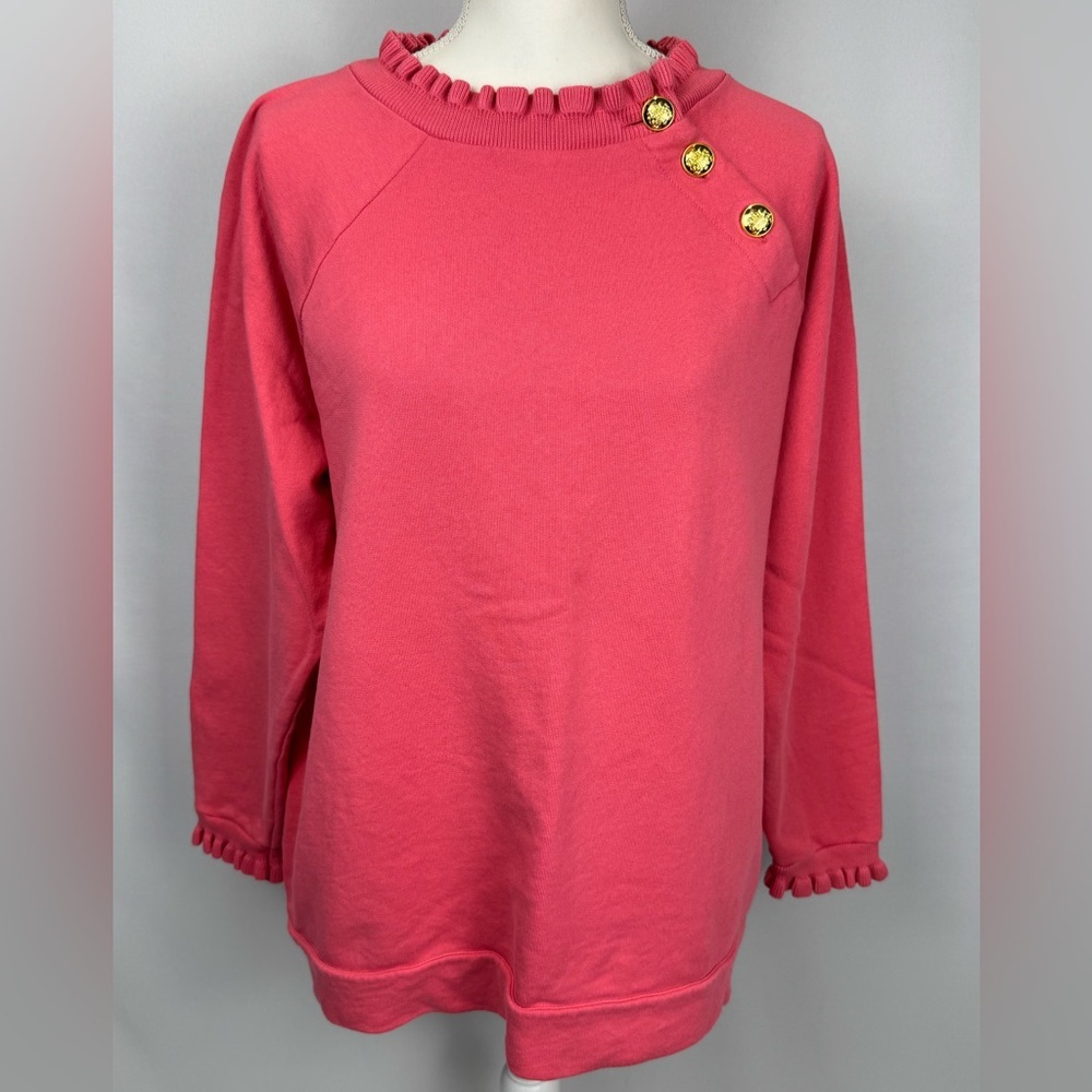 Talbots Ruffle Trim Raglan Sweatshirt Pink Gold Buttons At Neckline Size 1X - Picture 2 of 10